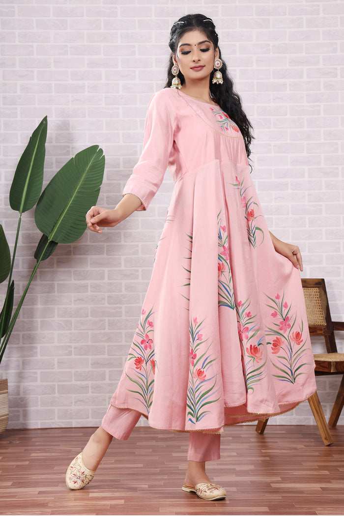 Light Pink Hand Painted Modal Silk Kurta Set