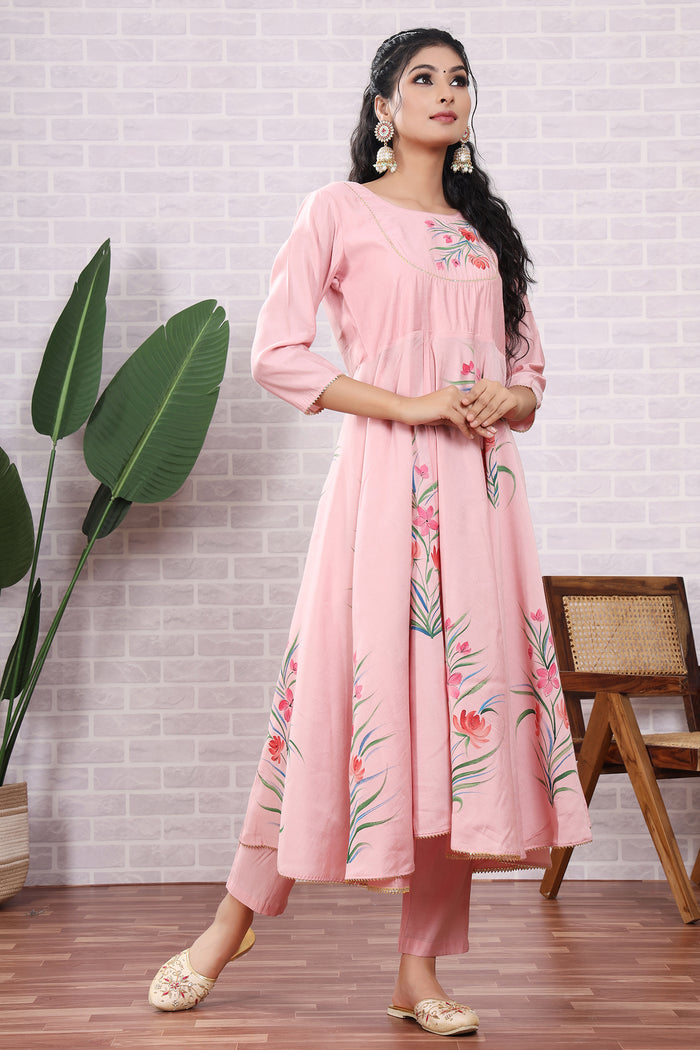 Light Pink Hand Painted Modal Silk Kurta Set