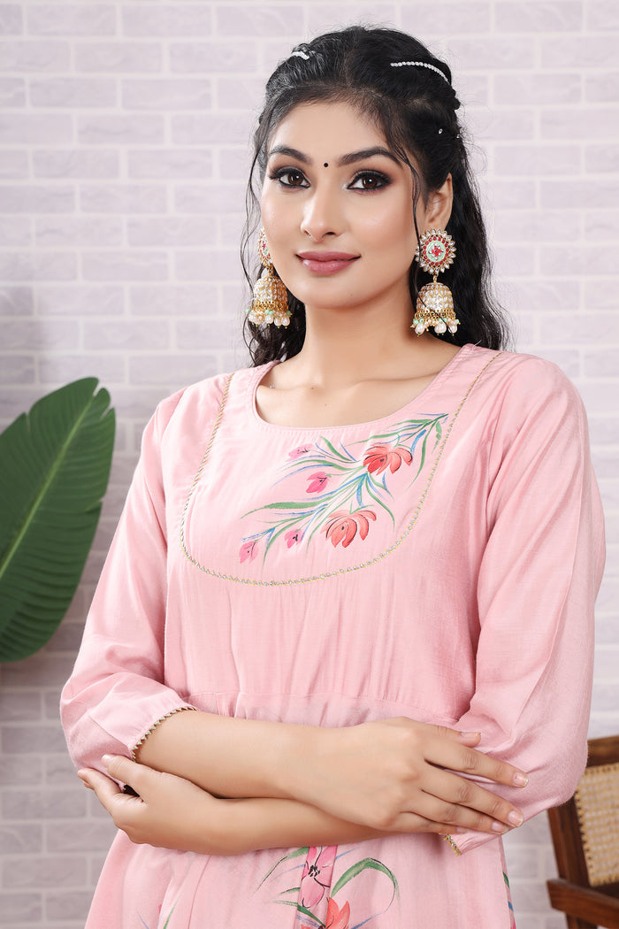 Light Pink Hand Painted Modal Silk Kurta Set