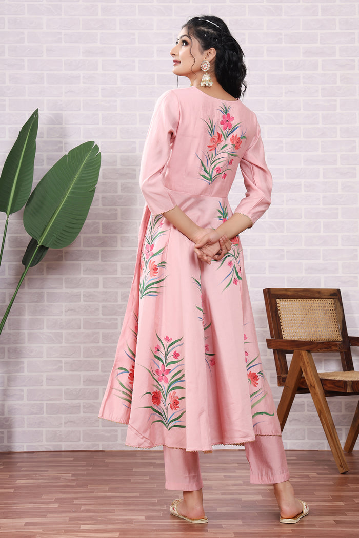 Light Pink Hand Painted Modal Silk Kurta Set