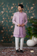 Light Purple Art Silk Three Piece Sherwani Set