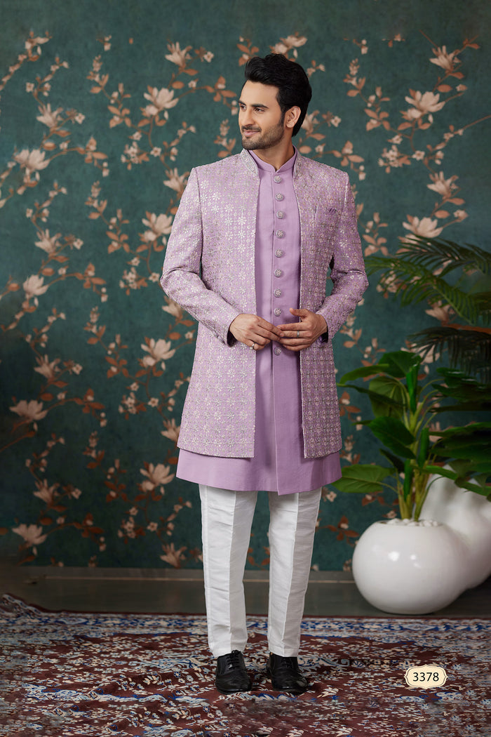 Light Purple Art Silk Three Piece Sherwani Set