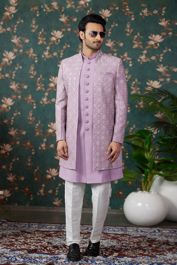 Light Purple Art Silk Three Piece Sherwani Set