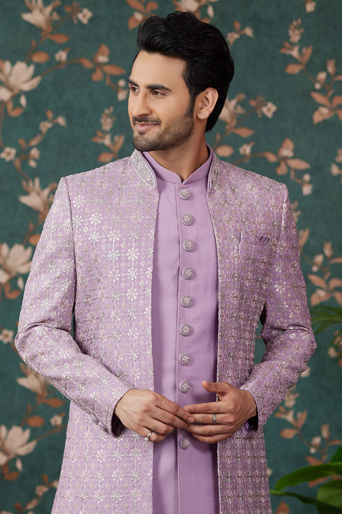 Light Purple Art Silk Three Piece Sherwani Set
