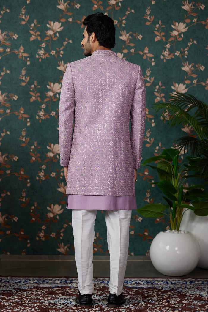 Light Purple Art Silk Three Piece Sherwani Set