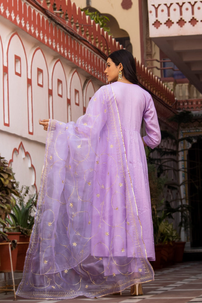 <img> Light Purple Cotton Silk Anarkali Set With Aari Woven Dupatta