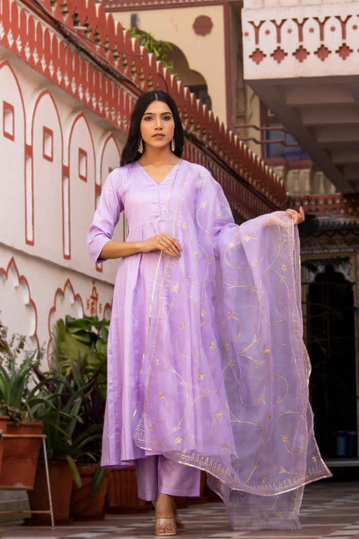 <img> Light Purple Cotton Silk Anarkali Set With Aari Woven Dupatta