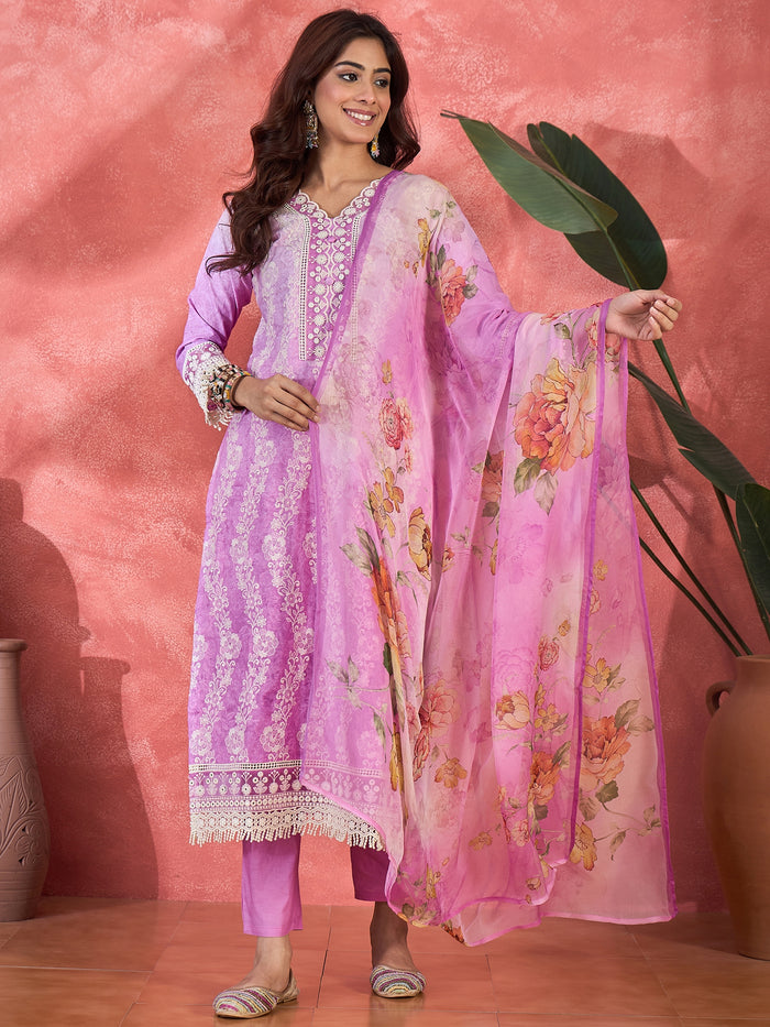 Light Purple Embroidered Cotton Kurta Set
