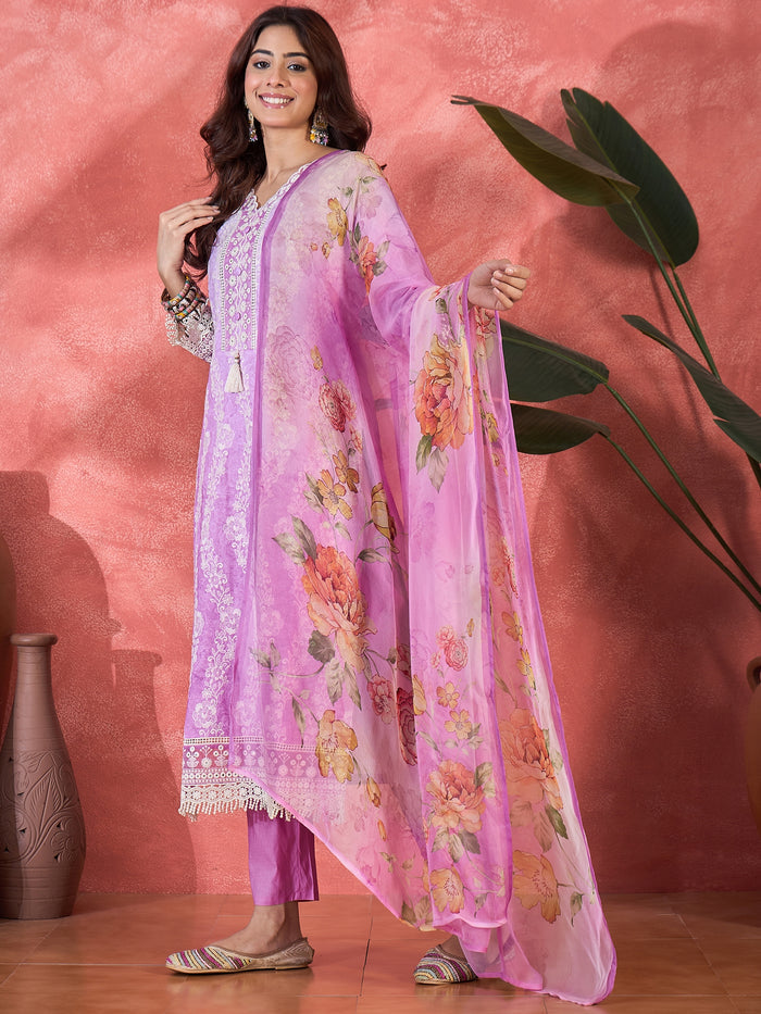 Light Purple Embroidered Cotton Kurta Set