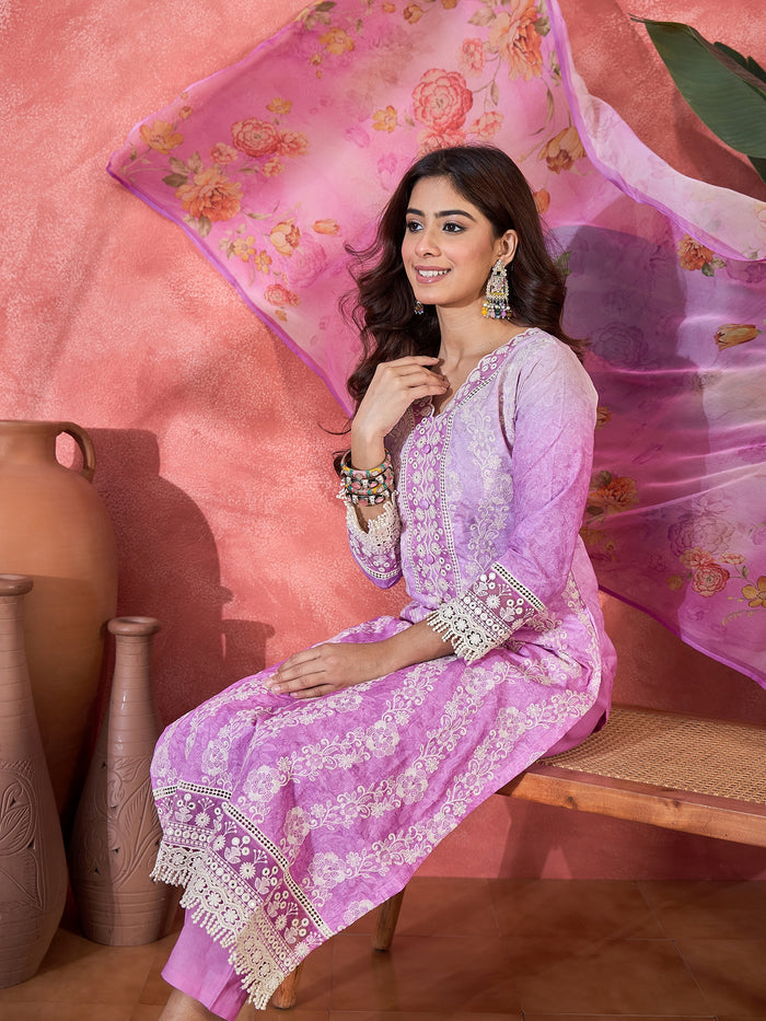 Light Purple Embroidered Cotton Kurta Set
