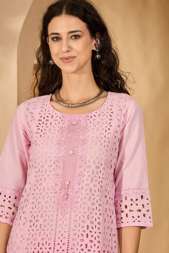 Light Rose Pink Cotton Hakoba Work Kurta Set