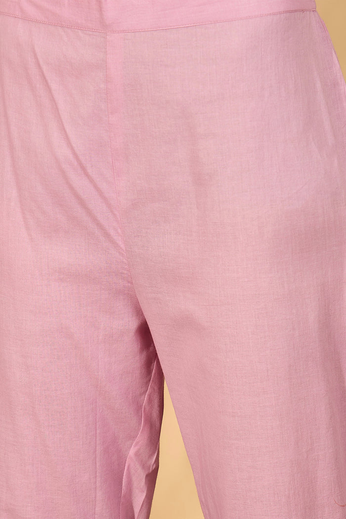 Light Rose Pink Cotton Hakoba Work Kurta Set