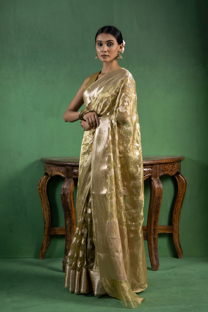 Light Sage Green Silk Tissue Saree With Floral Design