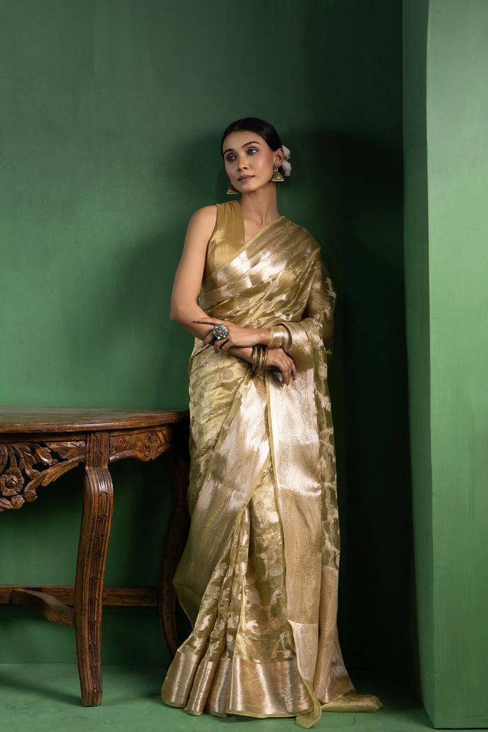 Light Sage Green Silk Tissue Saree With Floral Design