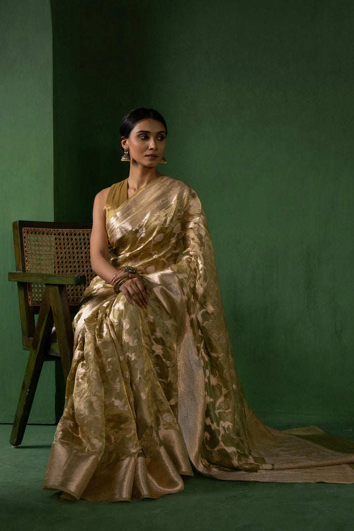 Light Sage Green Silk Tissue Saree With Floral Design