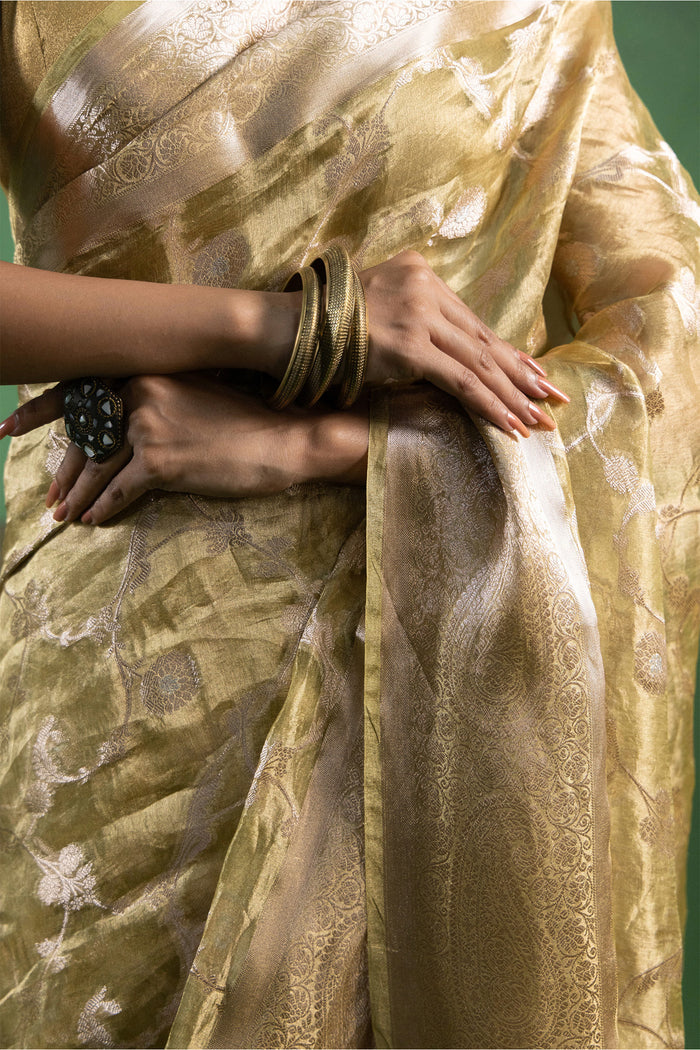Light Sage Green Silk Tissue Saree With Floral Design