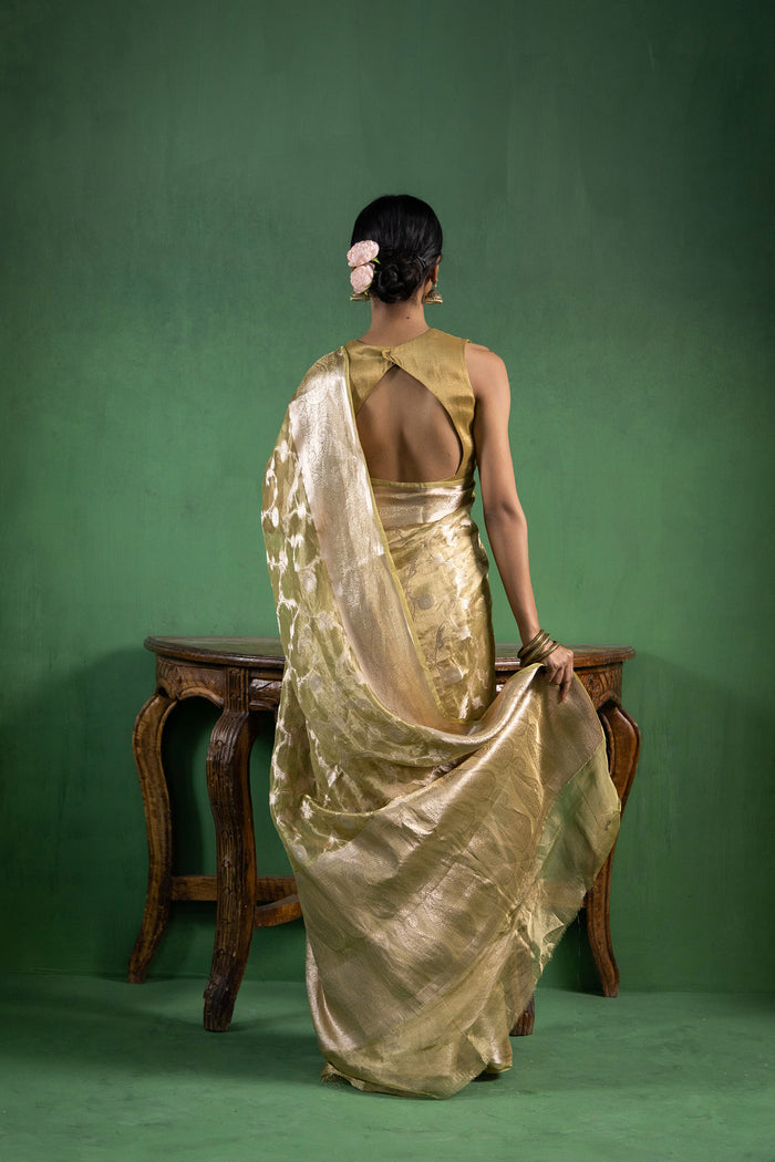 Light Sage Green Silk Tissue Saree With Floral Design