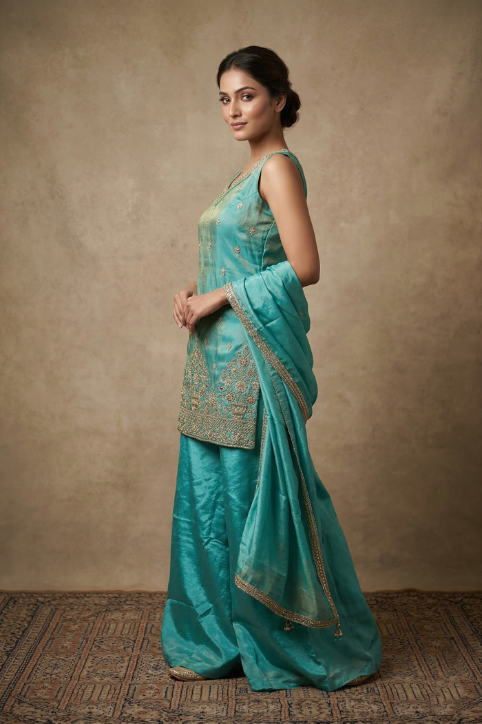 Light Sea Green Tissue Silk Kurta Set