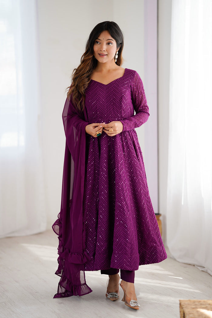 Light Wine Georgette Sequin Embroidered Anarkali Set