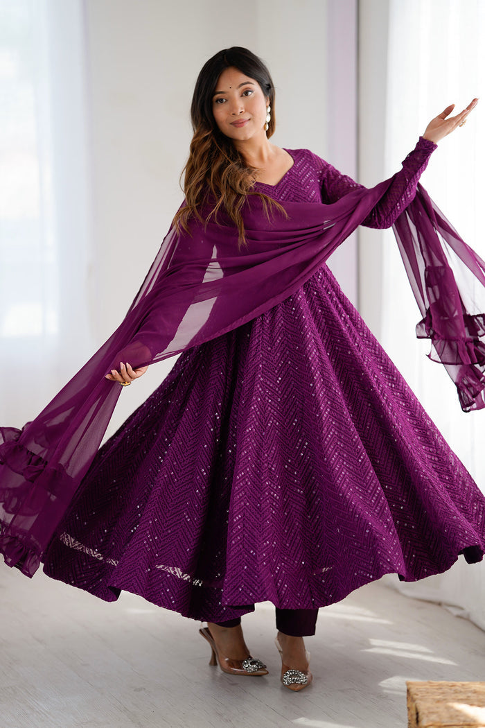 Light Wine Georgette Sequin Embroidered Anarkali Set