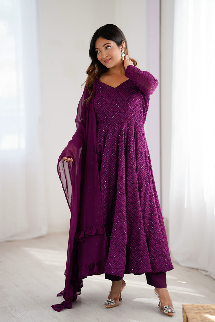 Light Wine Georgette Sequin Embroidered Anarkali Set