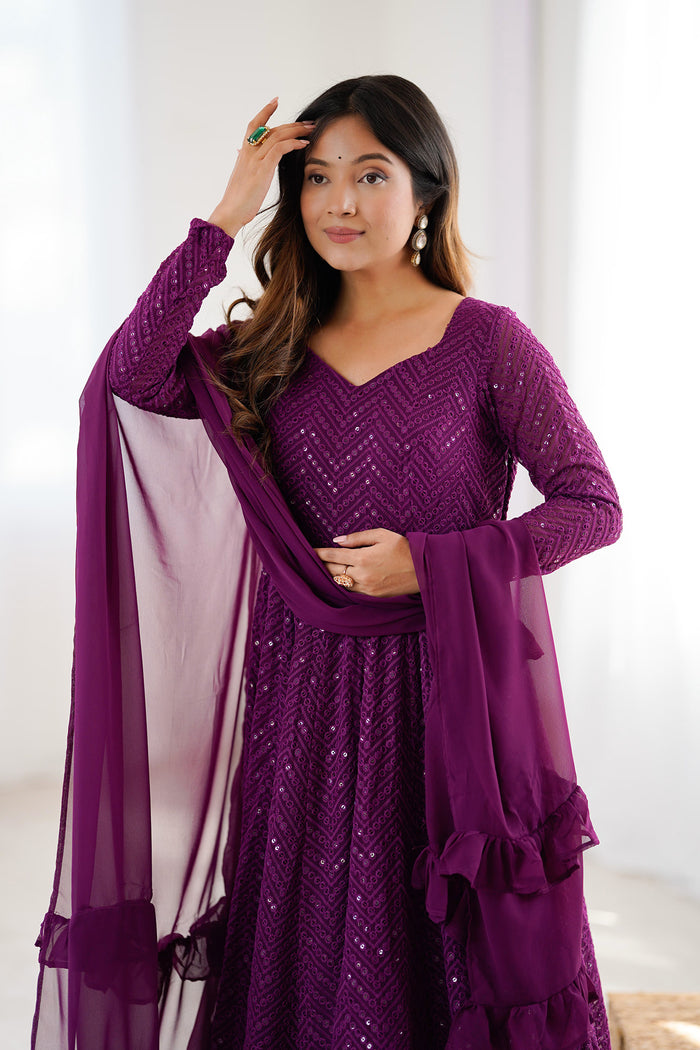 Light Wine Georgette Sequin Embroidered Anarkali Set