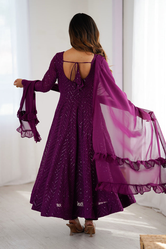 Light Wine Georgette Sequin Embroidered Anarkali Set