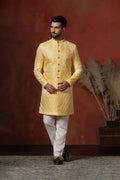 Light Yellow Cotton Blend Printed Sherwani Set