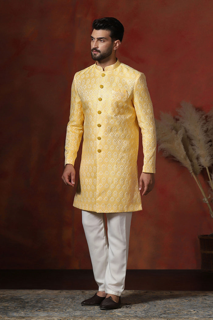 Light Yellow Cotton Blend Printed Sherwani Set