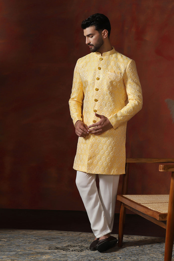 Light Yellow Cotton Blend Printed Sherwani Set