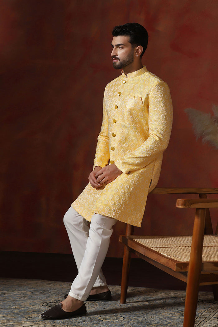 Light Yellow Cotton Blend Printed Sherwani Set