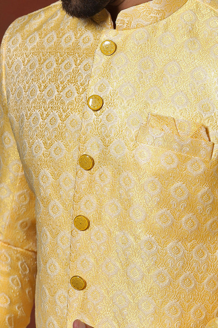 Light Yellow Cotton Blend Printed Sherwani Set