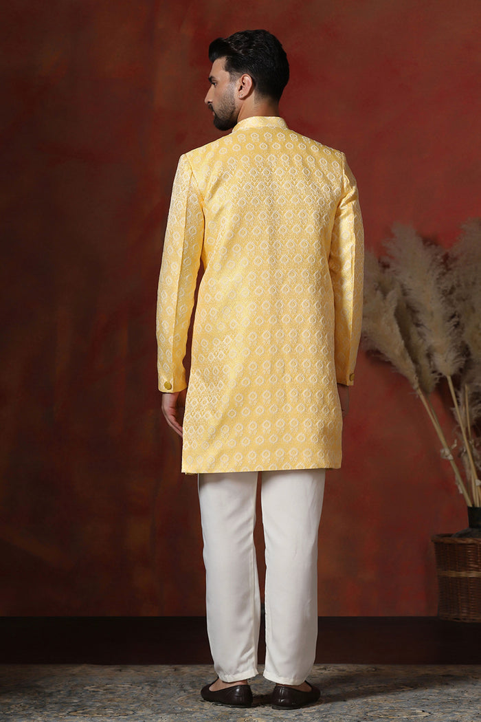 Light Yellow Cotton Blend Printed Sherwani Set