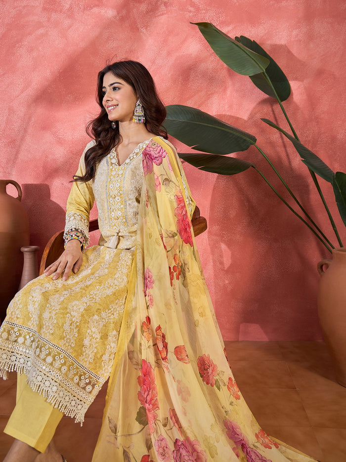 Light Yellow Embroidered Cotton Kurta Set
