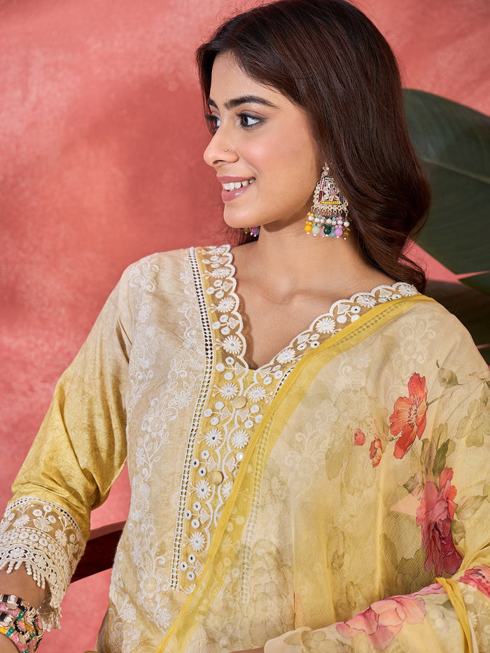 Light Yellow Embroidered Cotton Kurta Set
