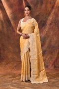 Light Yellow Floral Embroidered Silk Blend Saree