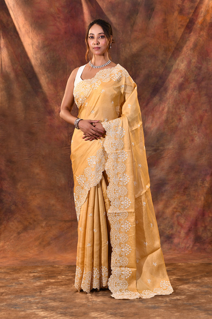 Light Yellow Floral Embroidered Silk Blend Saree