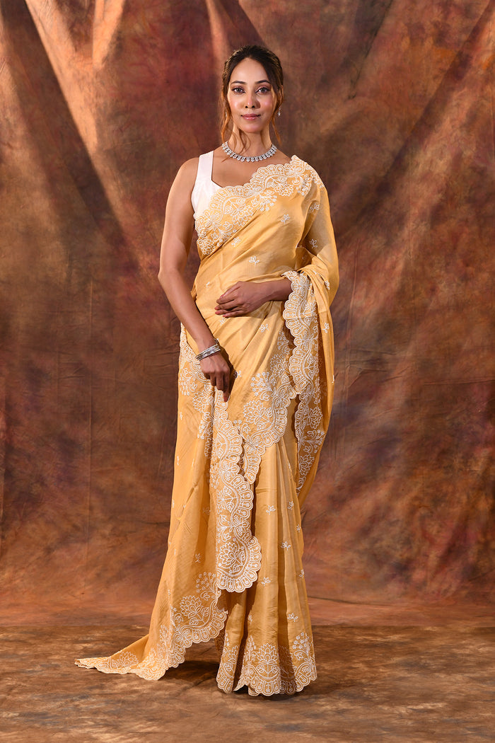 Light Yellow Floral Embroidered Silk Blend Saree