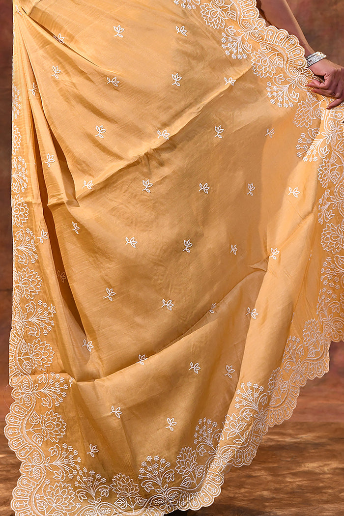 Light Yellow Floral Embroidered Silk Blend Saree
