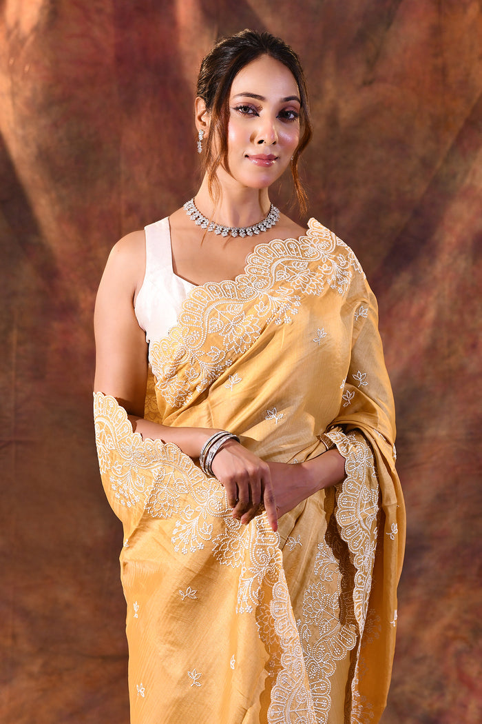 Light Yellow Floral Embroidered Silk Blend Saree