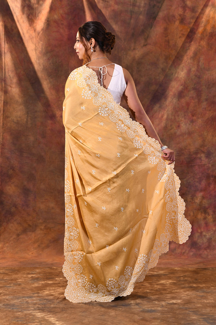 Light Yellow Floral Embroidered Silk Blend Saree