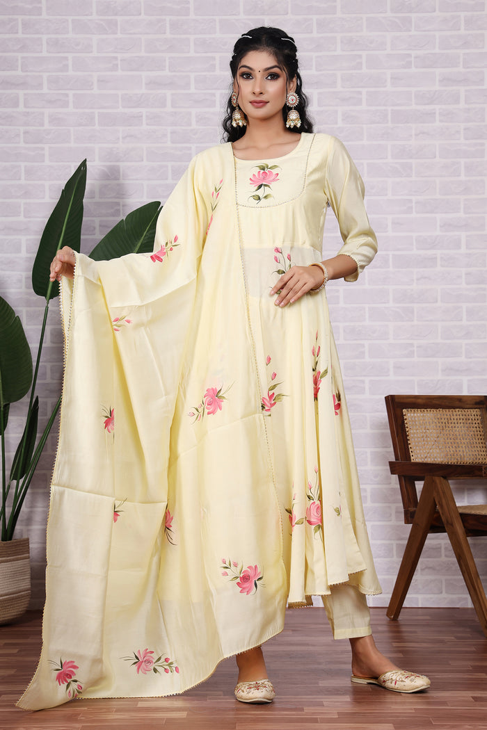 Light Yellow Hand Painted Modal Silk Kurta Set