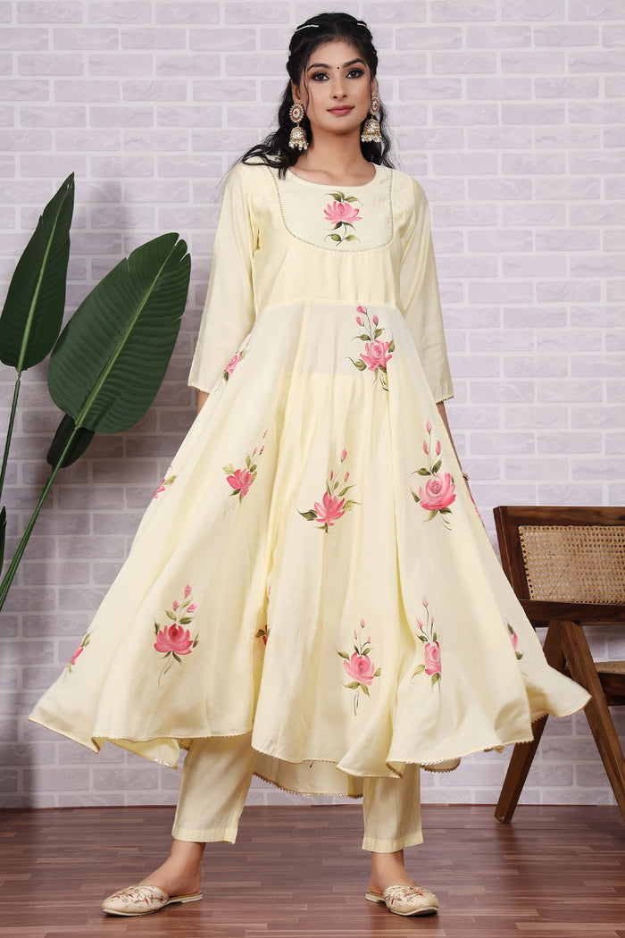 Light Yellow Hand Painted Modal Silk Kurta Set