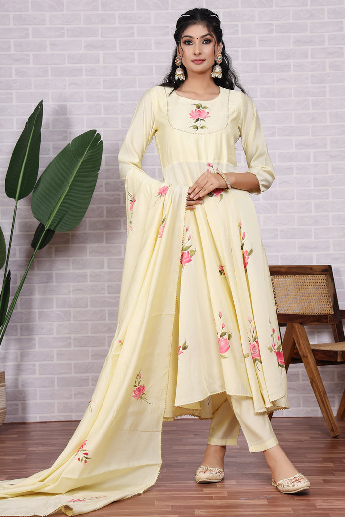 Light Yellow Hand Painted Modal Silk Kurta Set