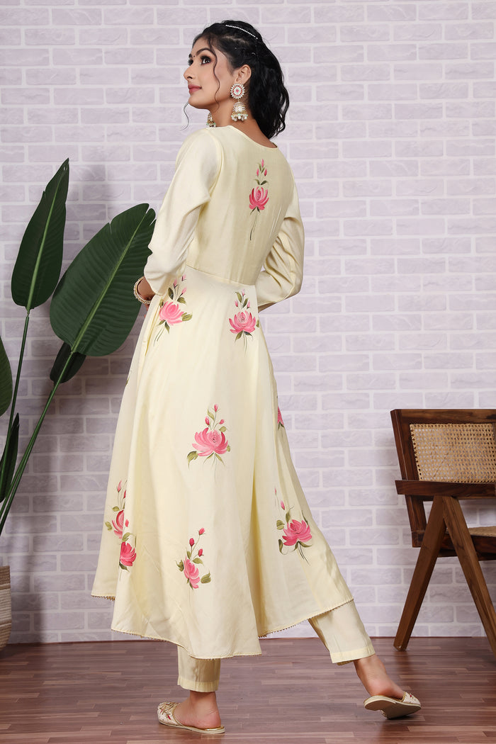 Light Yellow Hand Painted Modal Silk Kurta Set