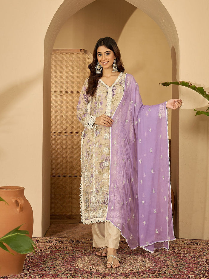 Lilac Floral Print Organza Kurti Set