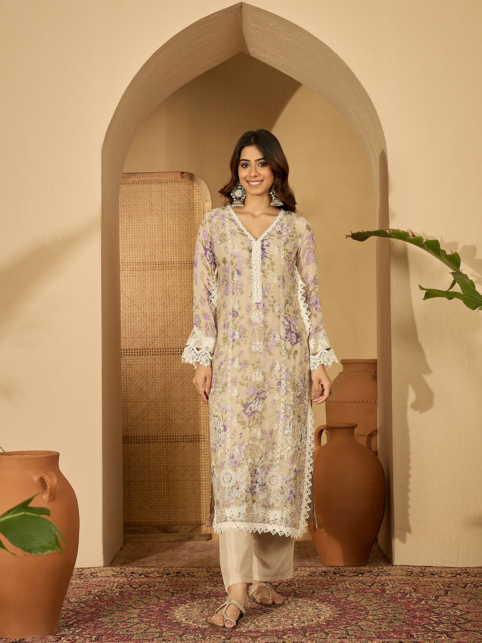 Lilac Floral Print Organza Kurti Set