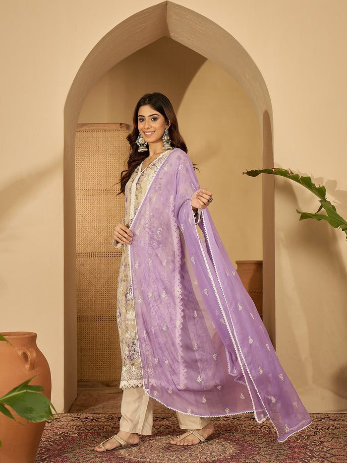 Lilac Floral Print Organza Kurti Set