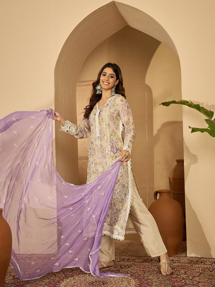 Lilac Floral Print Organza Kurti Set