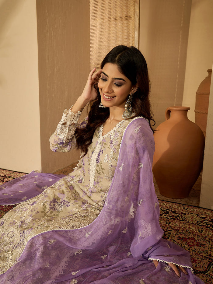 Lilac Floral Print Organza Kurti Set
